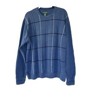 Vintage David Taylor Mens XL Blue Windowpane Plaid Knit Crewneck Sweater Grandpa